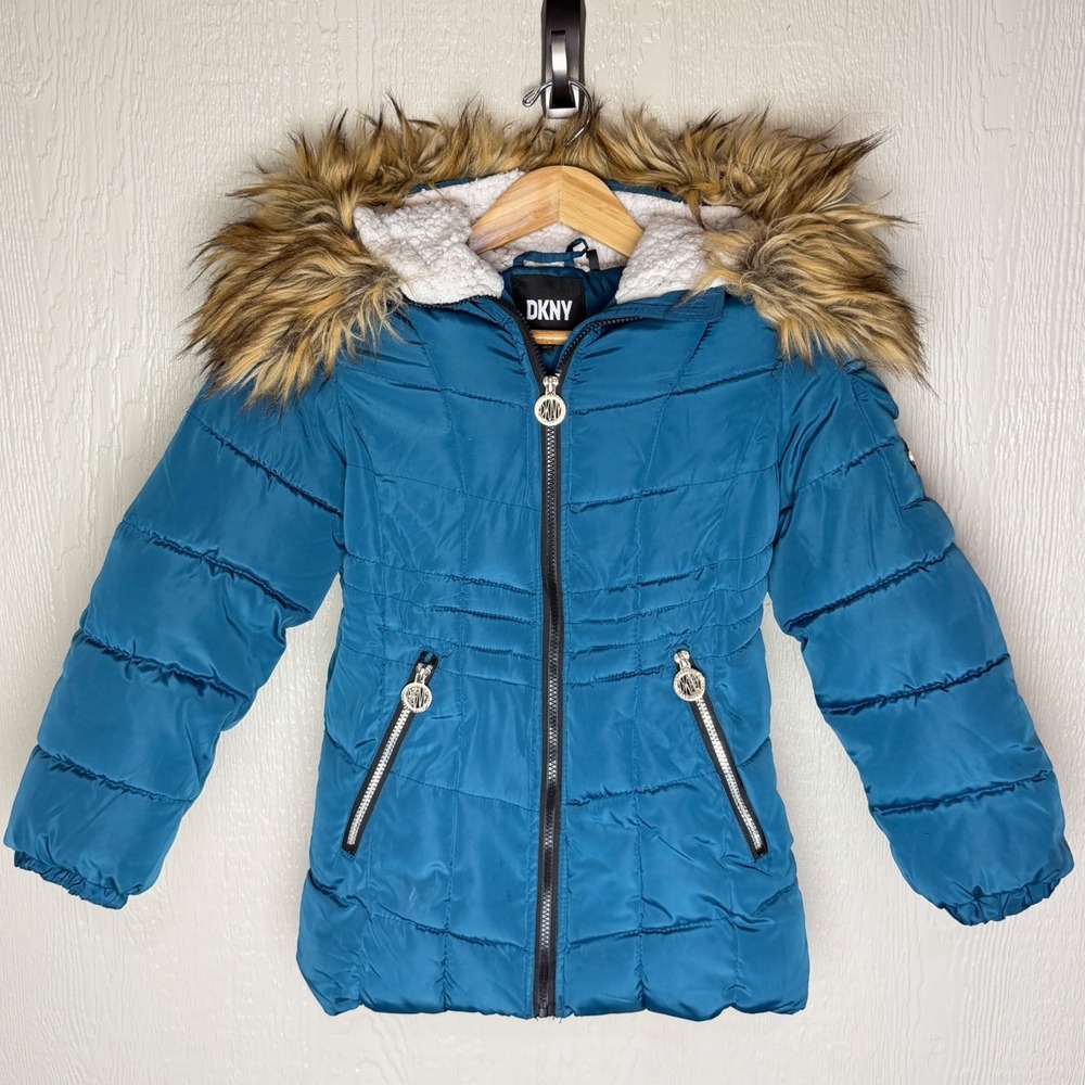 DKNY Girls Teal Blue Quilted Puffer Jacket Faux Fur Hood Size M 10/12